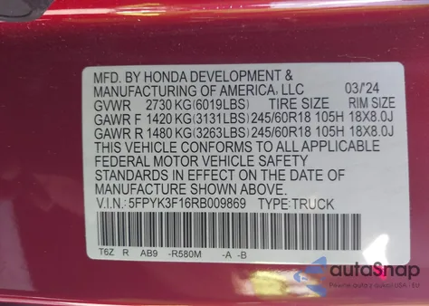 2024 Honda Ridgeline Sport из США, поврежденный, VIN 5FPYK3F16RB009869